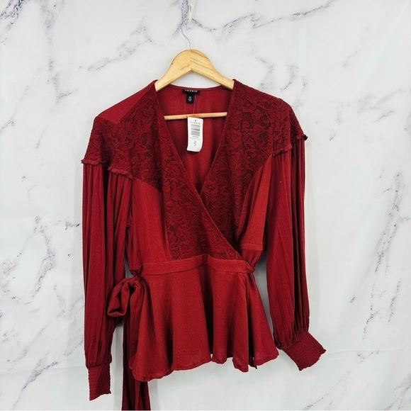 Torrid Crinkle Gauze Lace Inset Surplice Top - Madder Brown - Picture 4 of 8